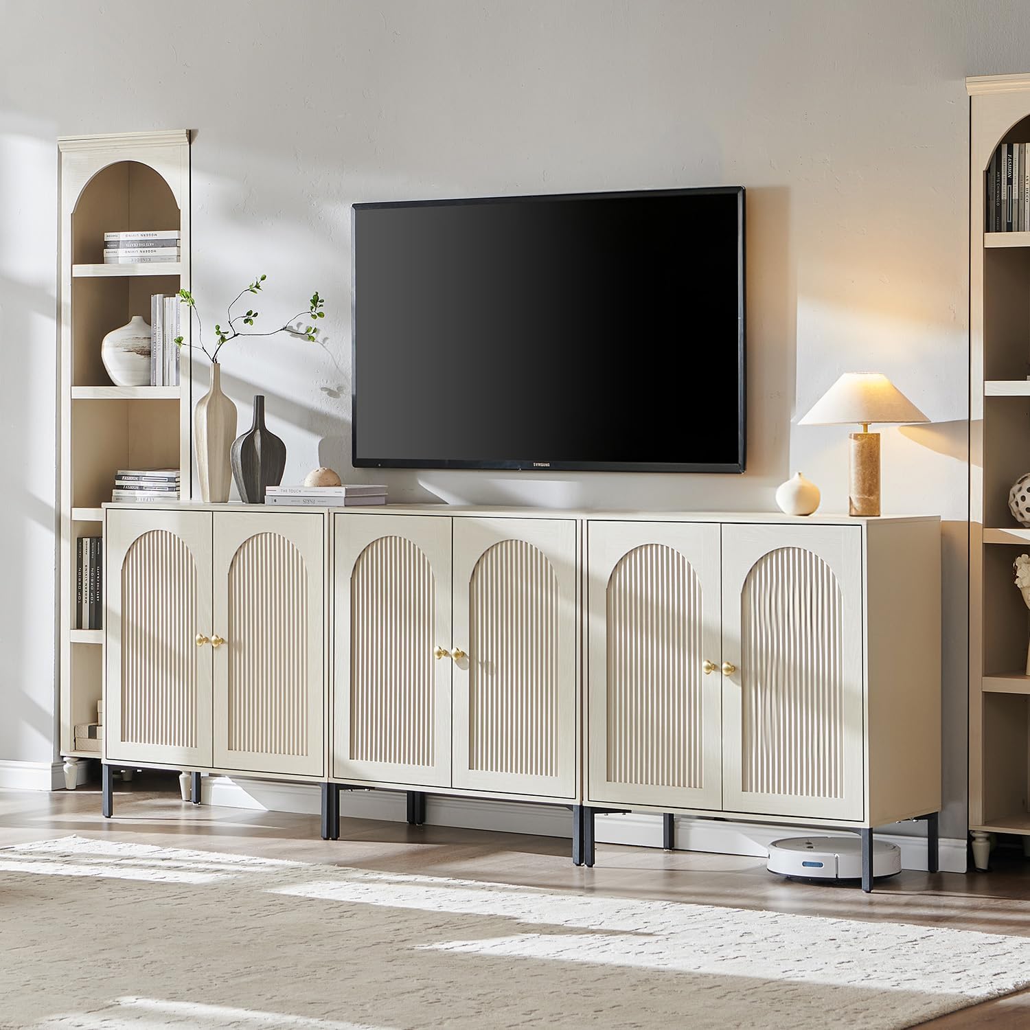 Modern TV Stands for 80 Inch TV, 92.63 W Wood Entertainment Center w/Adjustable Shelves, Mid Century Modern TV Stand w/Arched Fluted Doors, Media Console Cabinet for Living Room, Cream
