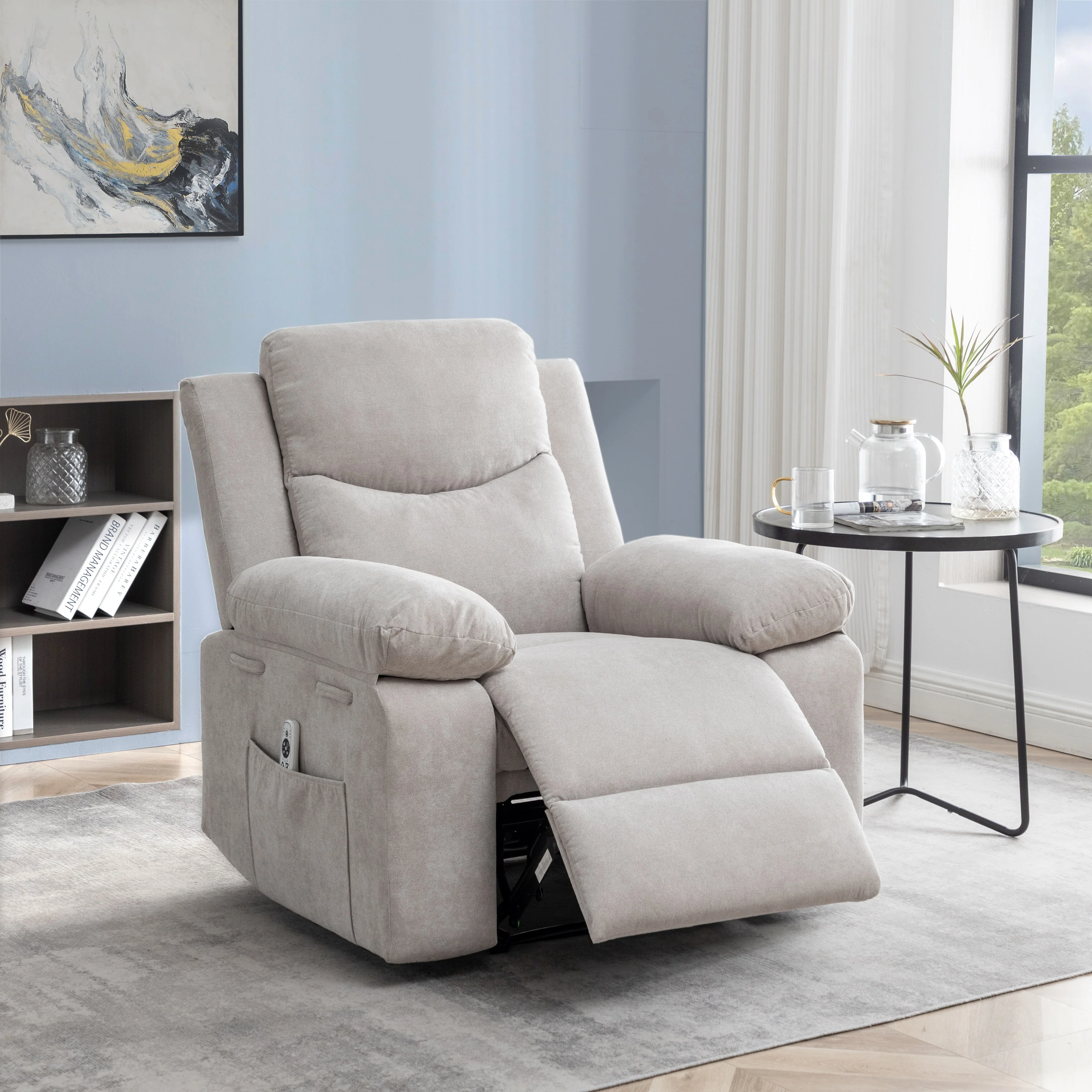 Living Room Single Reclining Sofa, Power Lift Velvet Recliner with Adjustable Massage and Heat & Side Pocket, Infinite Position