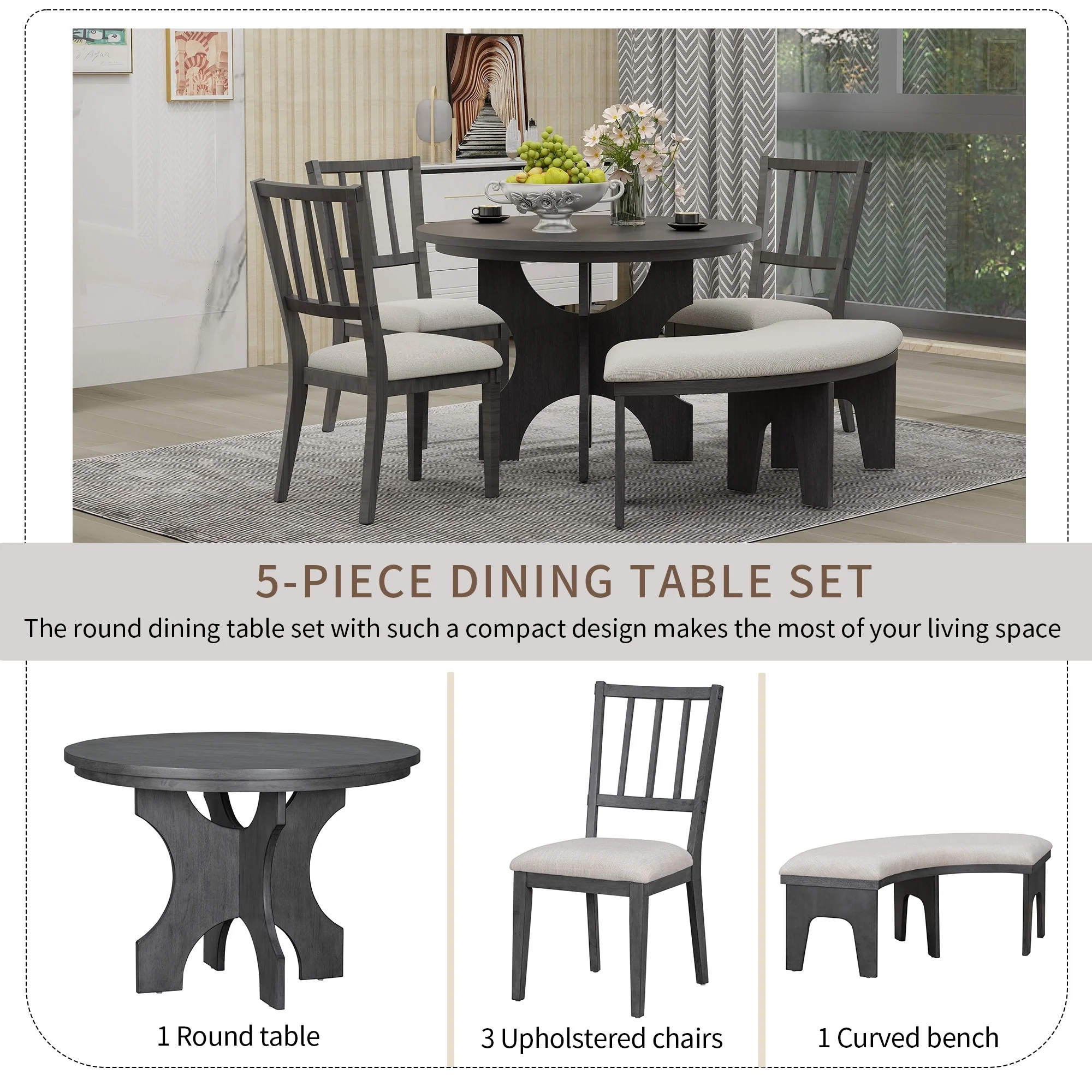 Rustic Style 5-piece Dining Set with Round Table, 3 Upholstered Chairs and Side Chairs