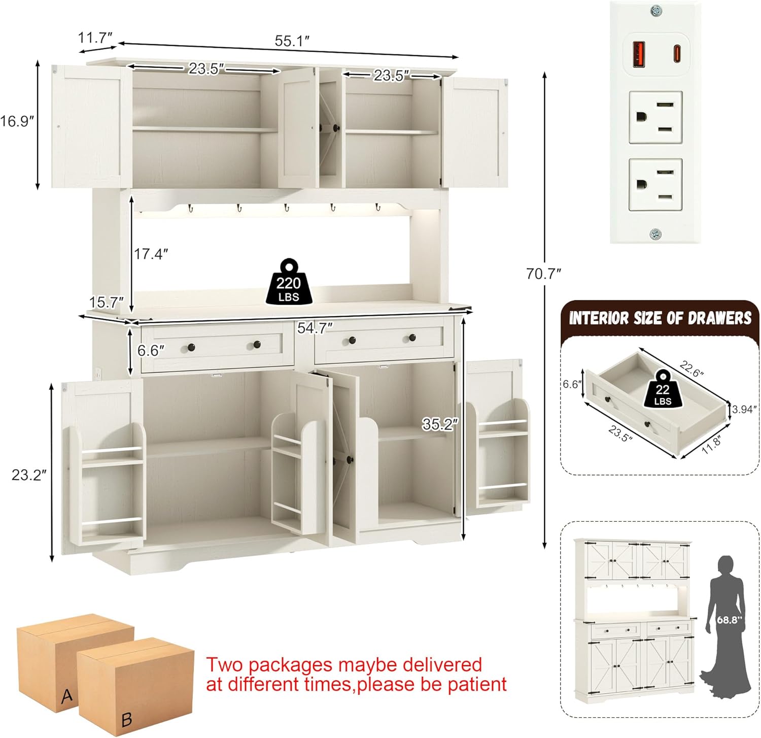 71 Tall Large Pantry Storage Cabinet w/Power Outlet,55 Wide Farmhouse Kitchen Hutch Storage Cabinet w/Barn Doors,2 Drawer,Large Countertop,LED Light,Rustic Coffee Bar,6 Hooks,8 Doors Shelves