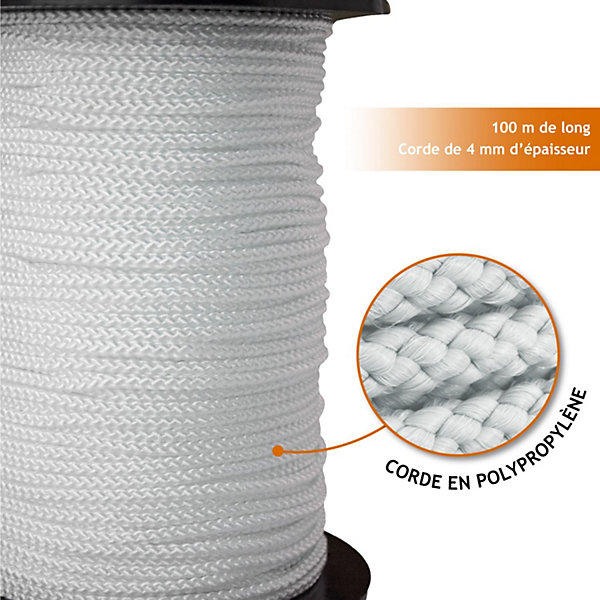 Bobine de corde tressée 4 mm x 100 m - Blanc - Linxor