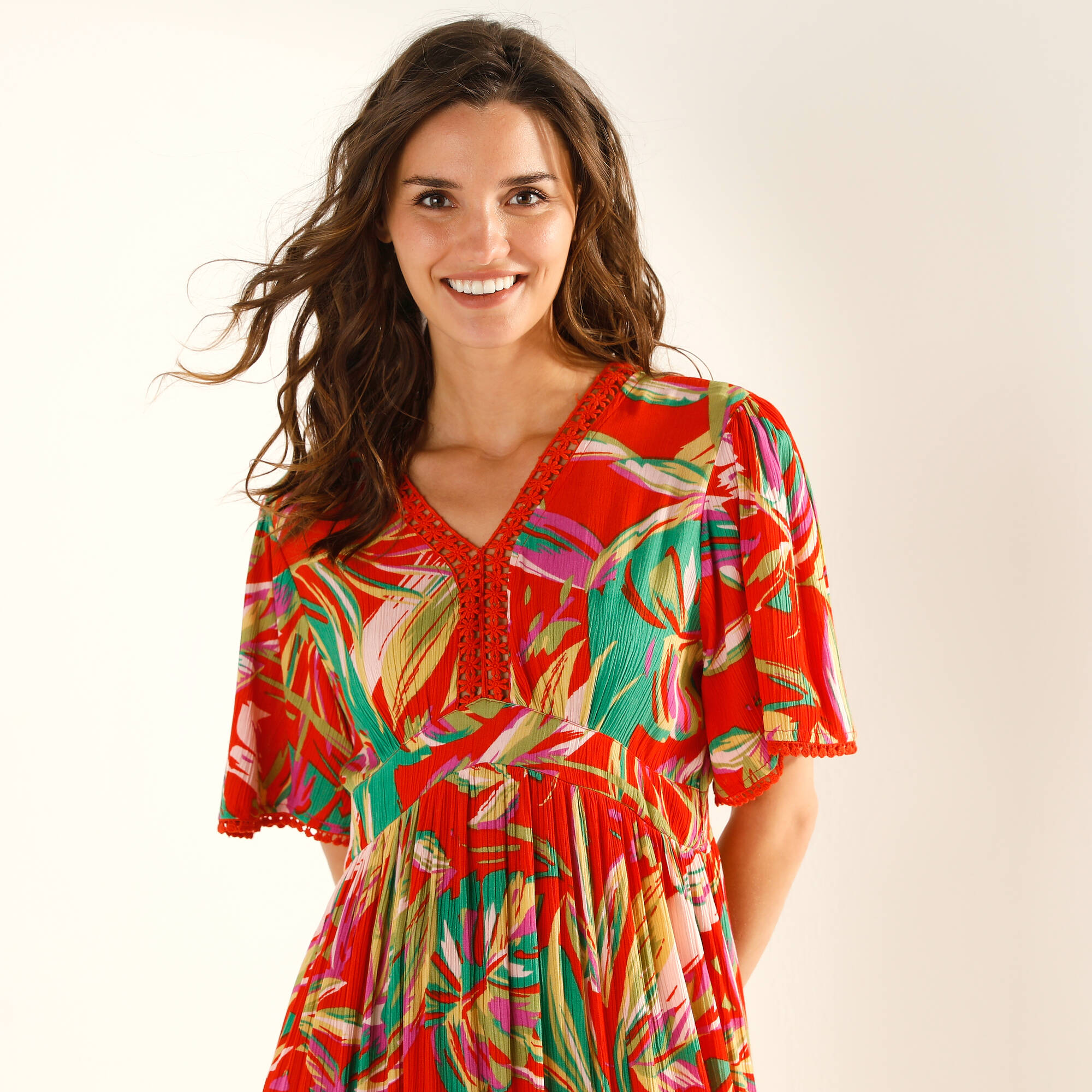 Robe longue macramé, imprimé tropical
