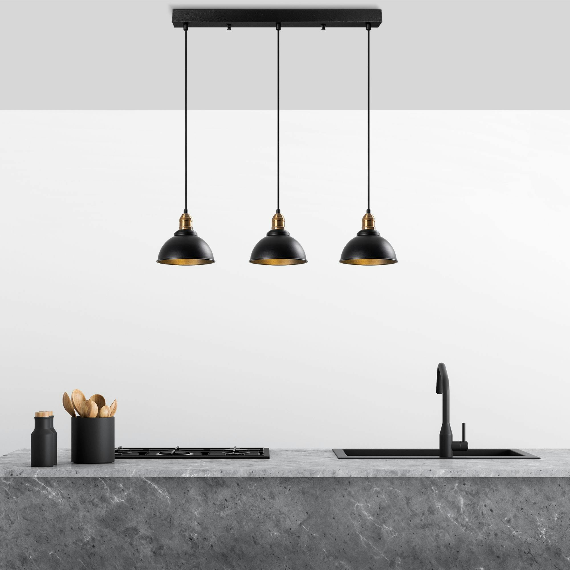 Suspension îlot cuisine – 3 lampes noir et or SILE