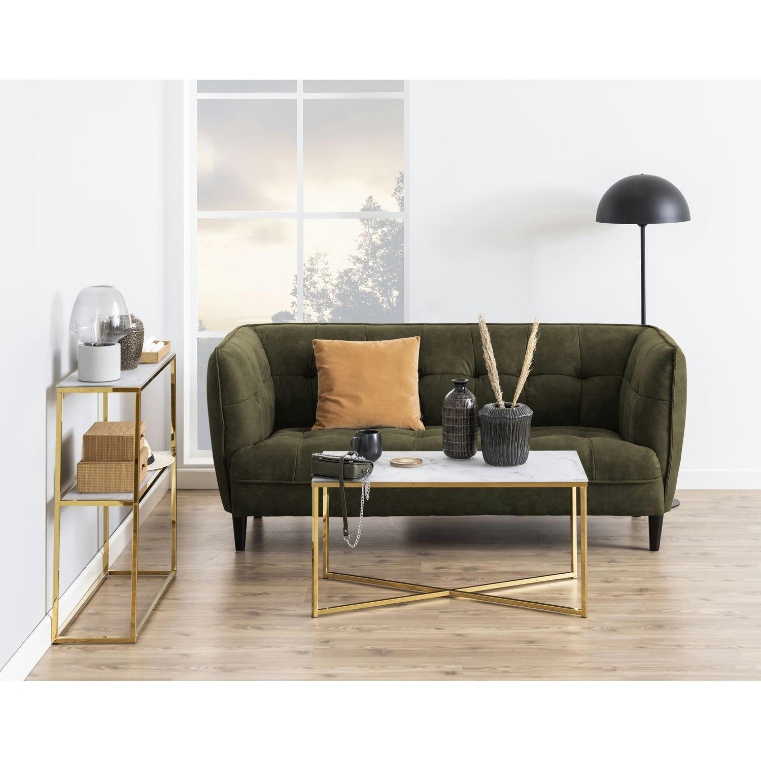 ALYSÉ - Table basse rectangulaire effet marbre en verre et métal blanc