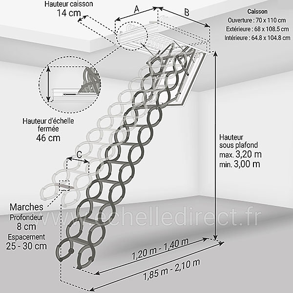 Escalier coupe feu 60min - Hauteur sous plafond 3.20m - Trémie 70x110cm - LSF70110-320