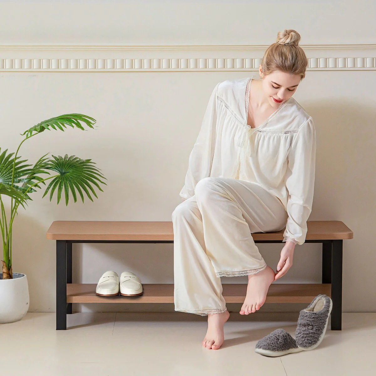 Metal and Wood Entryway Shoe Bench with Storage Shelf