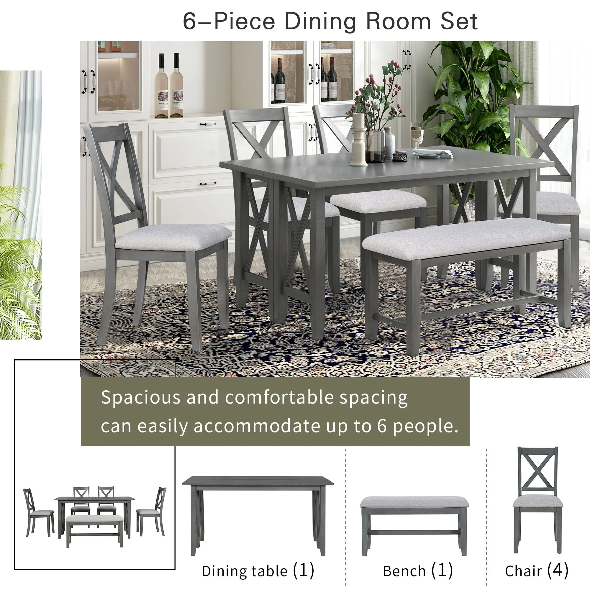6-Piece Family Dining Room Set Solid Wood Space Saving Foldable Table and 4 Chairs with Bench for Dining Room