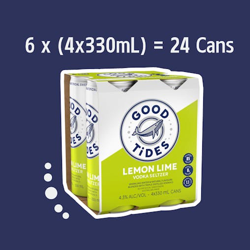 Good Tides Hard Seltzer Lemon Lime, Zero Sugar, Low Calorie, Refreshing Spritzed Drink, 4.3% ABV, 330mL (Case of 24 Cans)