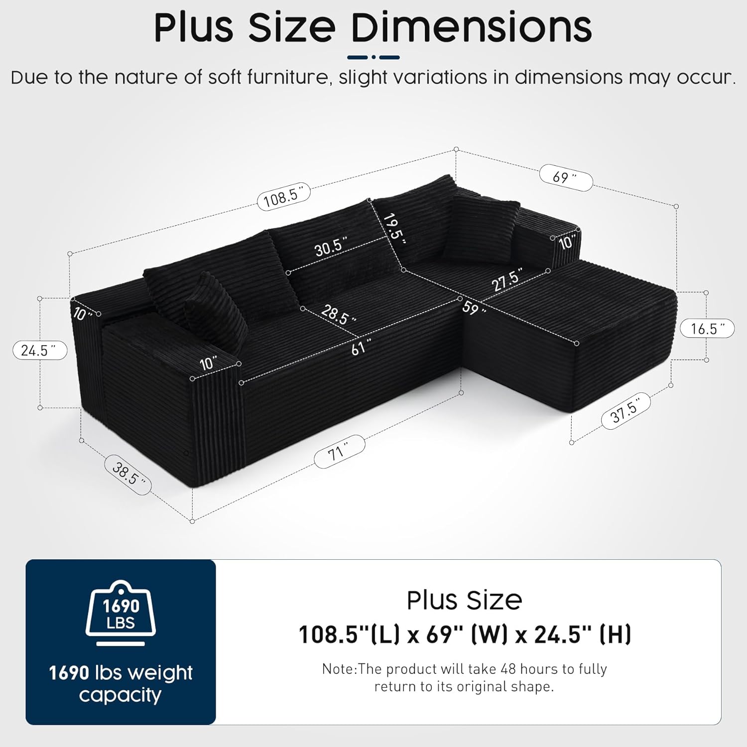 Black Sectional Couch for Living Room - 108 Modular Cloud Sofa with Chaise, Ultra Soft Corduroy L-Shaped Large Couches, Boneless Deep Seat Sectional Couch, No Assembly Required (Left Facing Chaise)