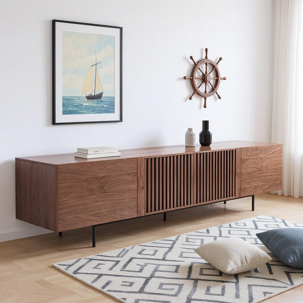 94.48 Mid Century Modern TV Stand for TVs up to 70-90,Tv Console with 4 Storage Cabinets, Media Furniture for Living Room or Bedroom,Walnut
