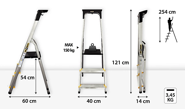 échelle en aluminium 3 marches PRO DRABEST avec étagère, capacité de charge 150 kg, 1 pièce.