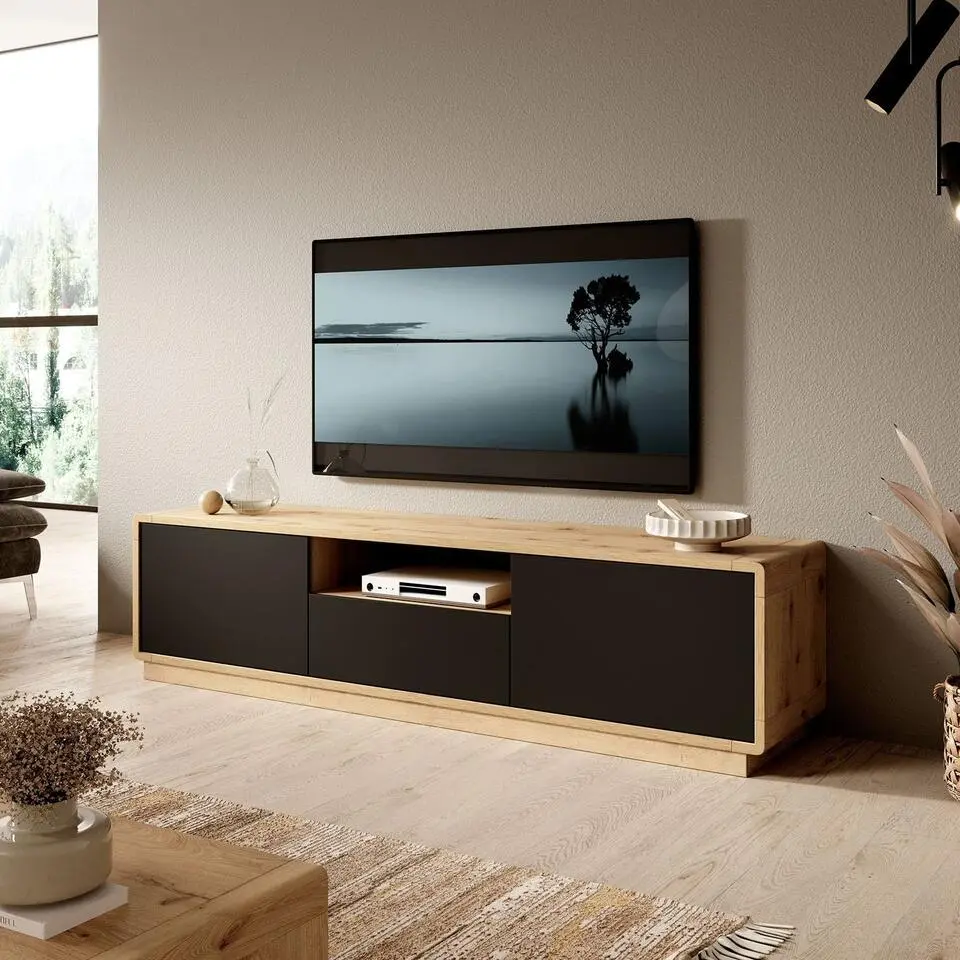 Meubella - TV-Meubel Acuna - Mat zwart - Eiken - 180 cm