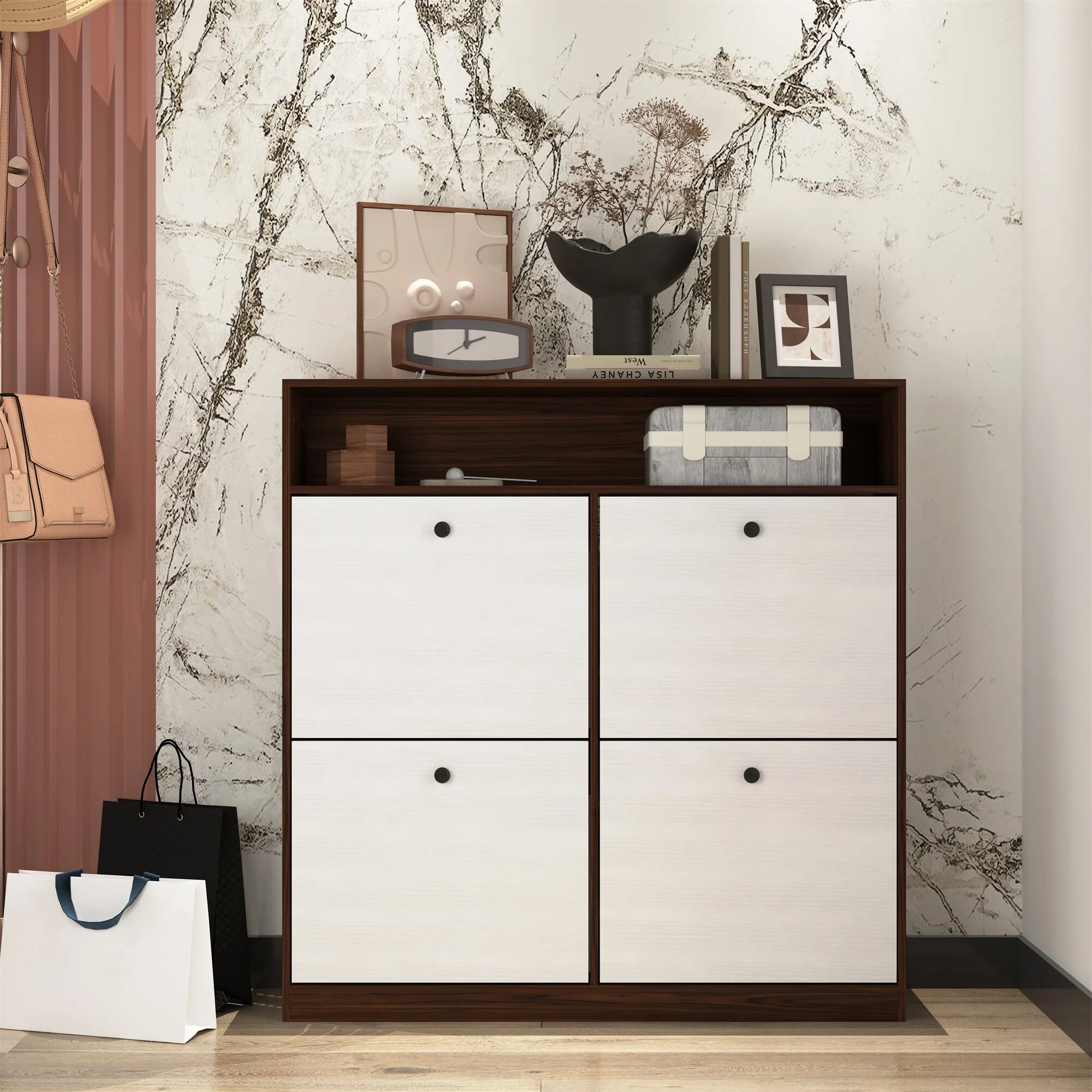 Freestanding Shoe Storage Cabinet with 4 Flip Drawers and Wood Handle