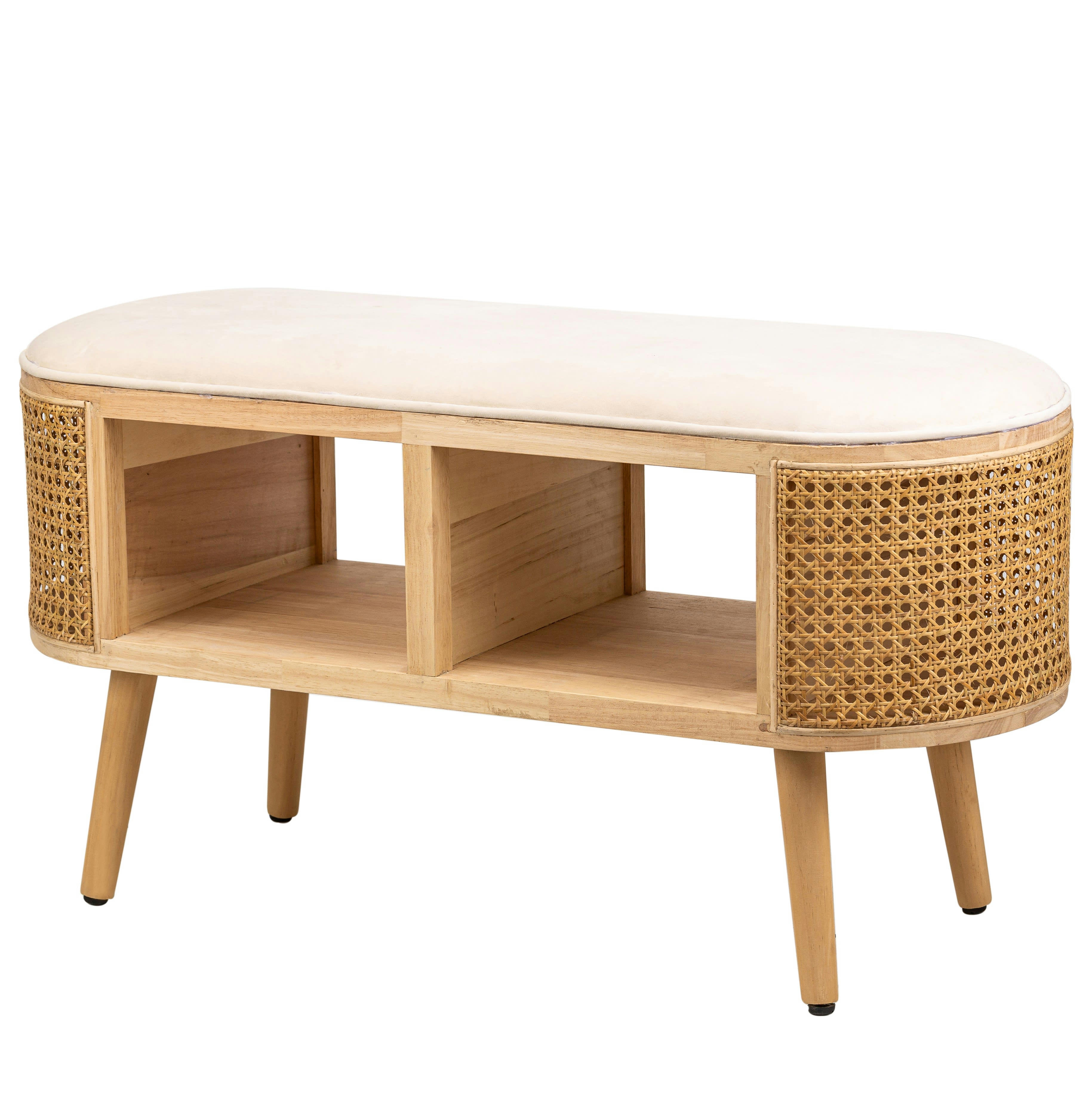 - Banc avec rangement en rotin et velours beige