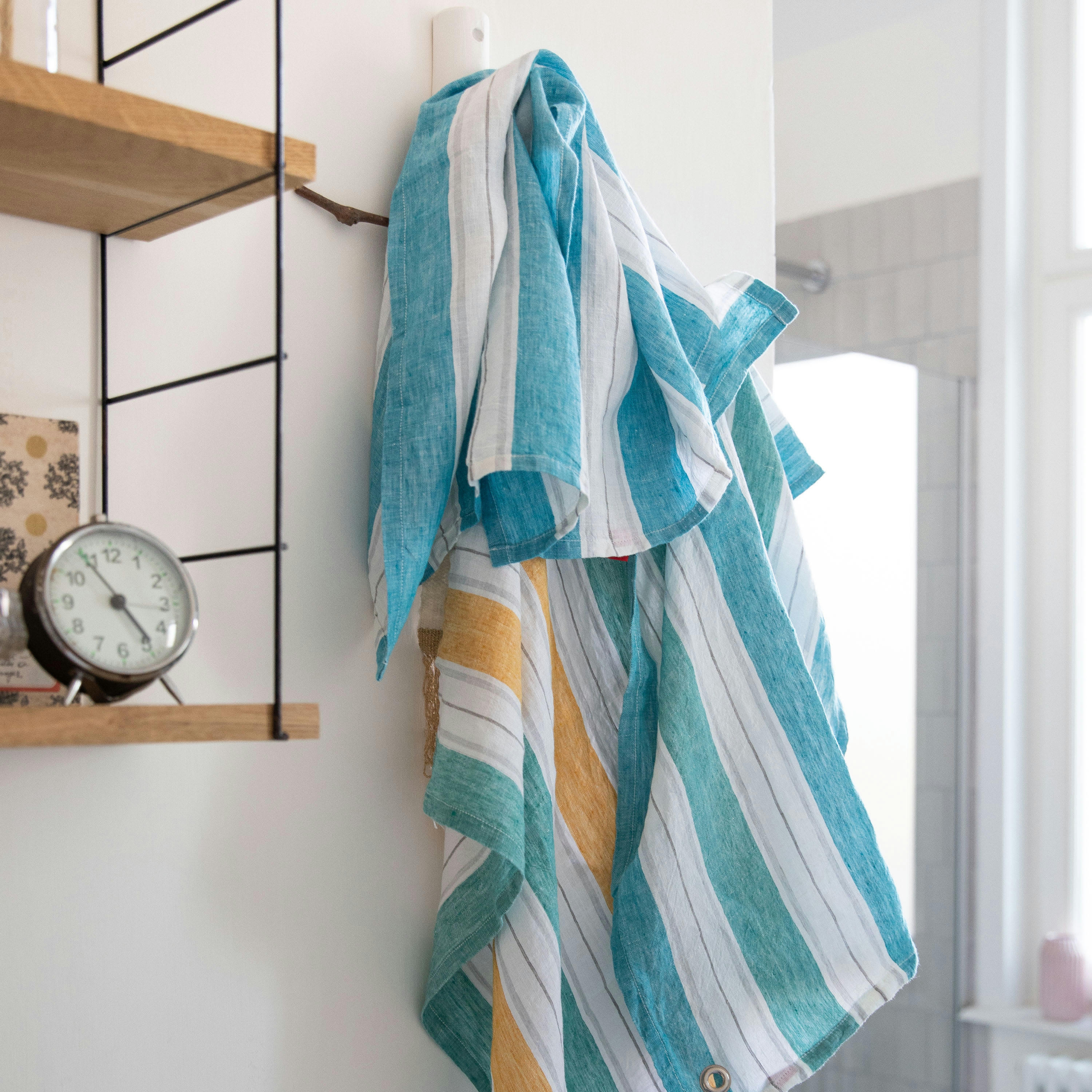 JEU DE RAYURES - Set de trois torchons en lin 47x70cm Turquoise - Vert Paon - Safran