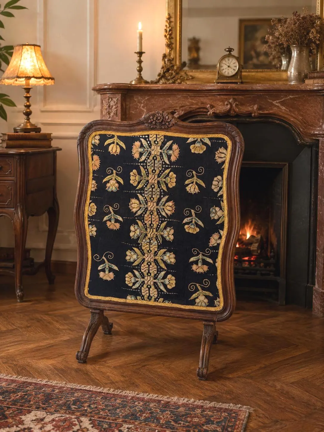 Antique wooden and fabric fireplace screen