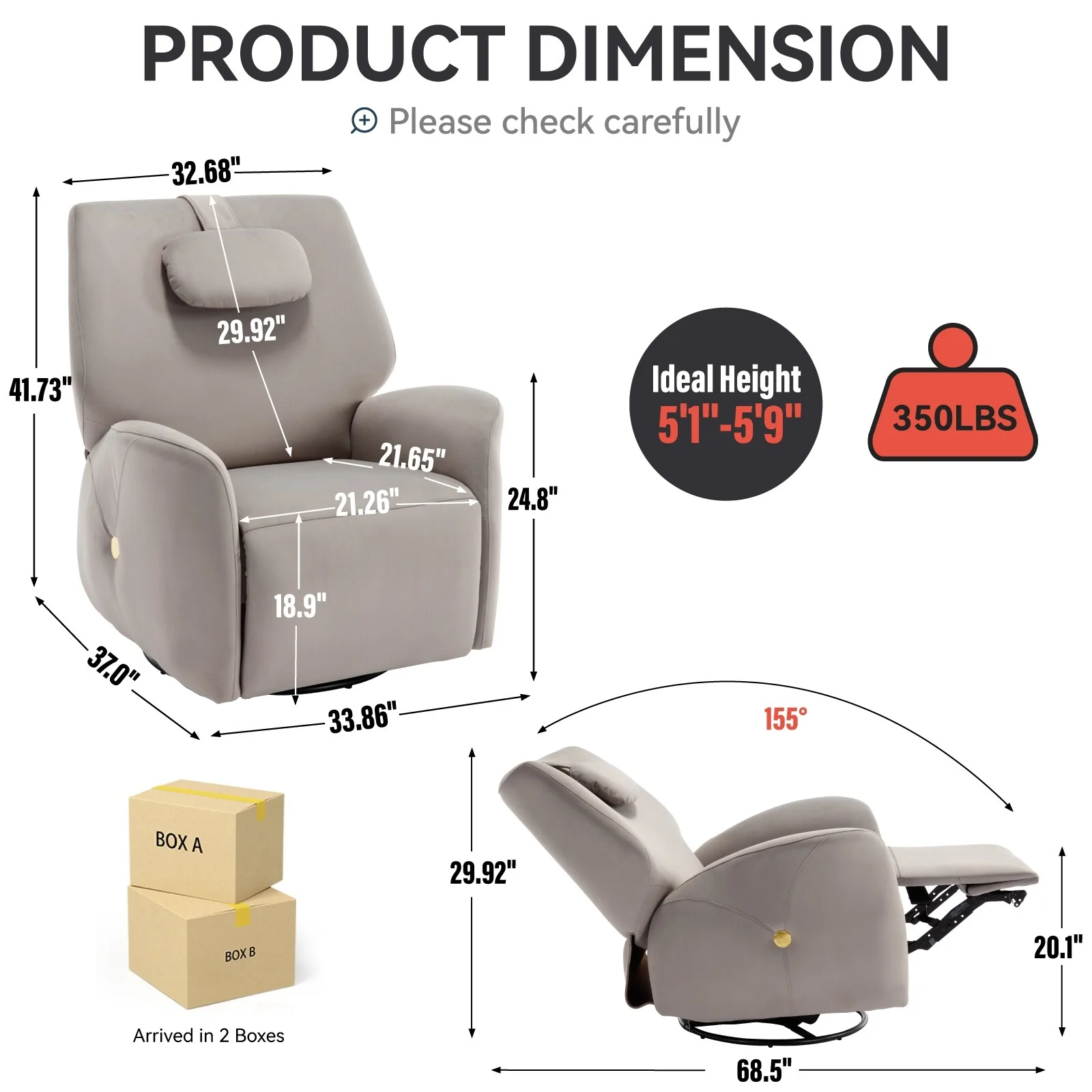 Grey Power Swivel Rocker Recliner Chair with Lumbar Support, Neck Pillow, 270° Rotation, and USB & Type-C Ports