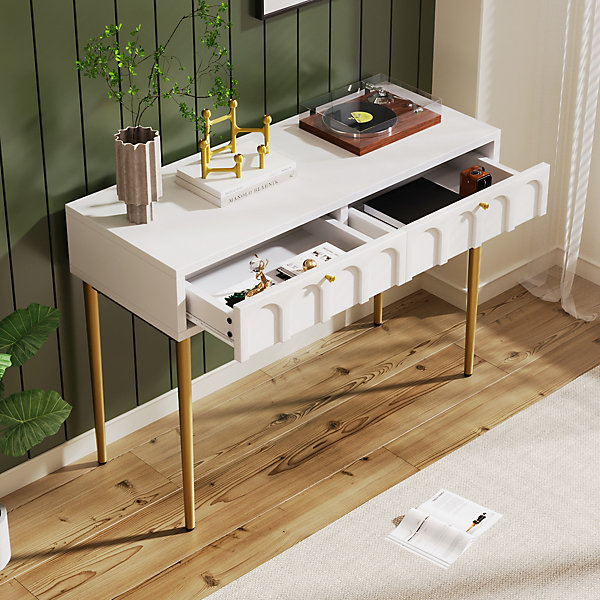 Coiffeuse avec 2 Tiroirs pour Chambre, Pieds en Métal et Panneau de Particules, Dimensions 100 x 45 x 76,5 cm - Blanc Crème