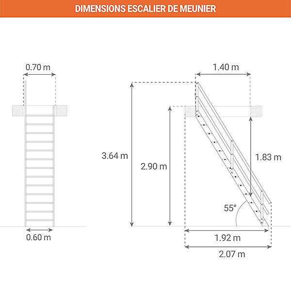 Escalier de meunier avec main courante à gauche - Hauteur à franchir 2.90m max - MSU-MCG