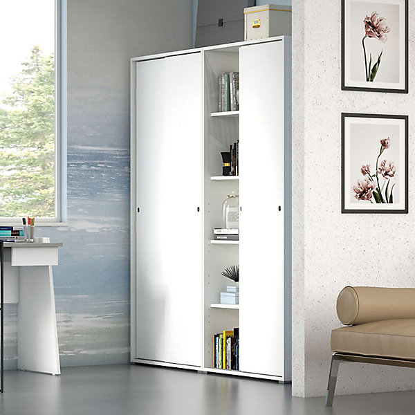 Armoire Blanche Multi-Usages À Double Porte Coulissante Avec 4 étagères Réglables