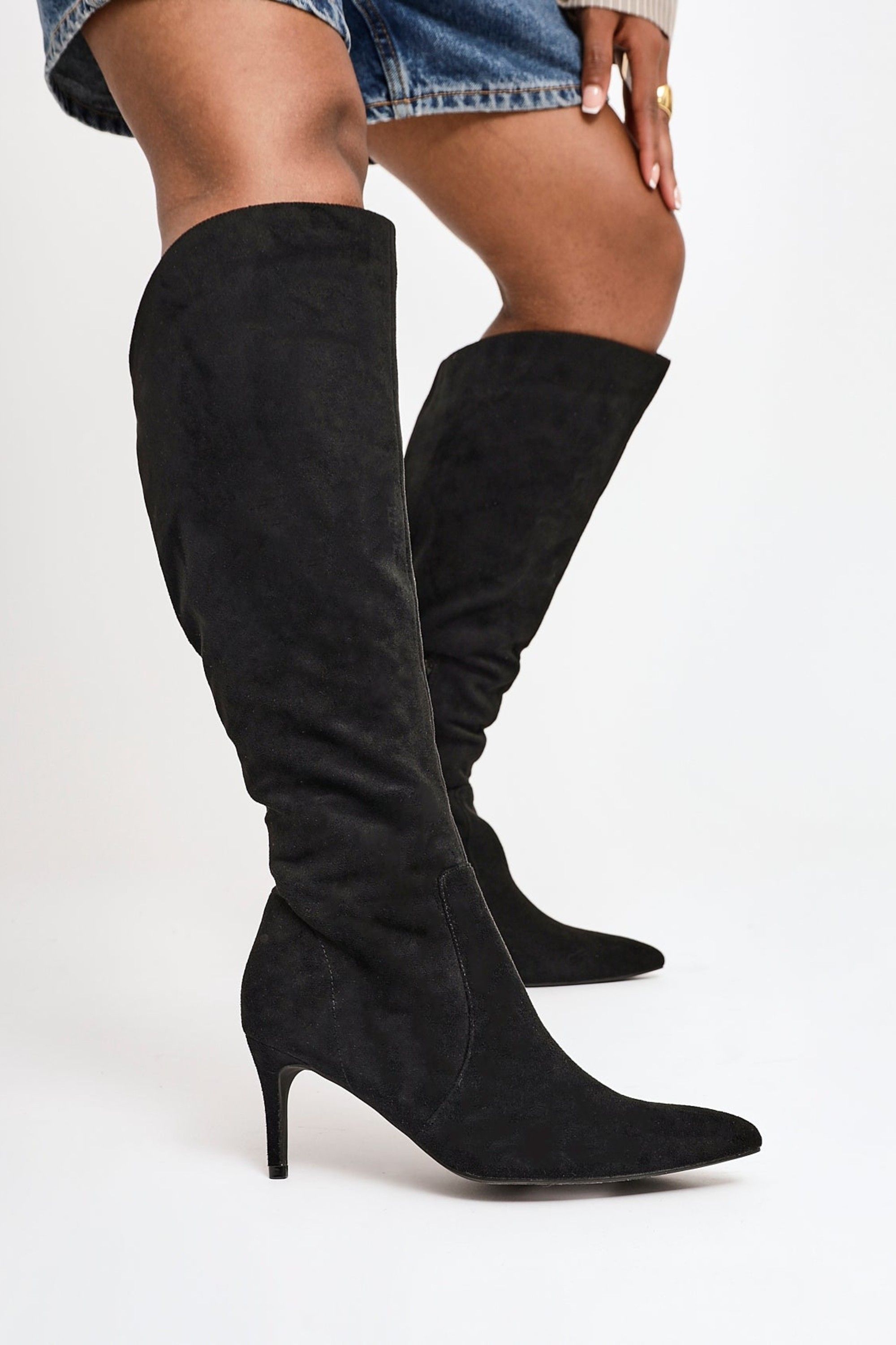 Linzi Ambition Black Faux Suede Assymetric High Leg Stiletto Boot