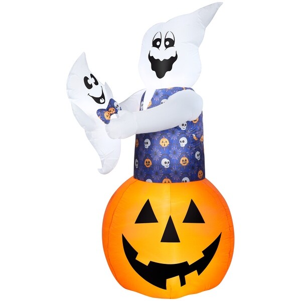 Gemmy Animated Airblown Lifting Mixed Media Whimsical Damask Ghost w/Baby Scene, 6 ft Tall, Orange