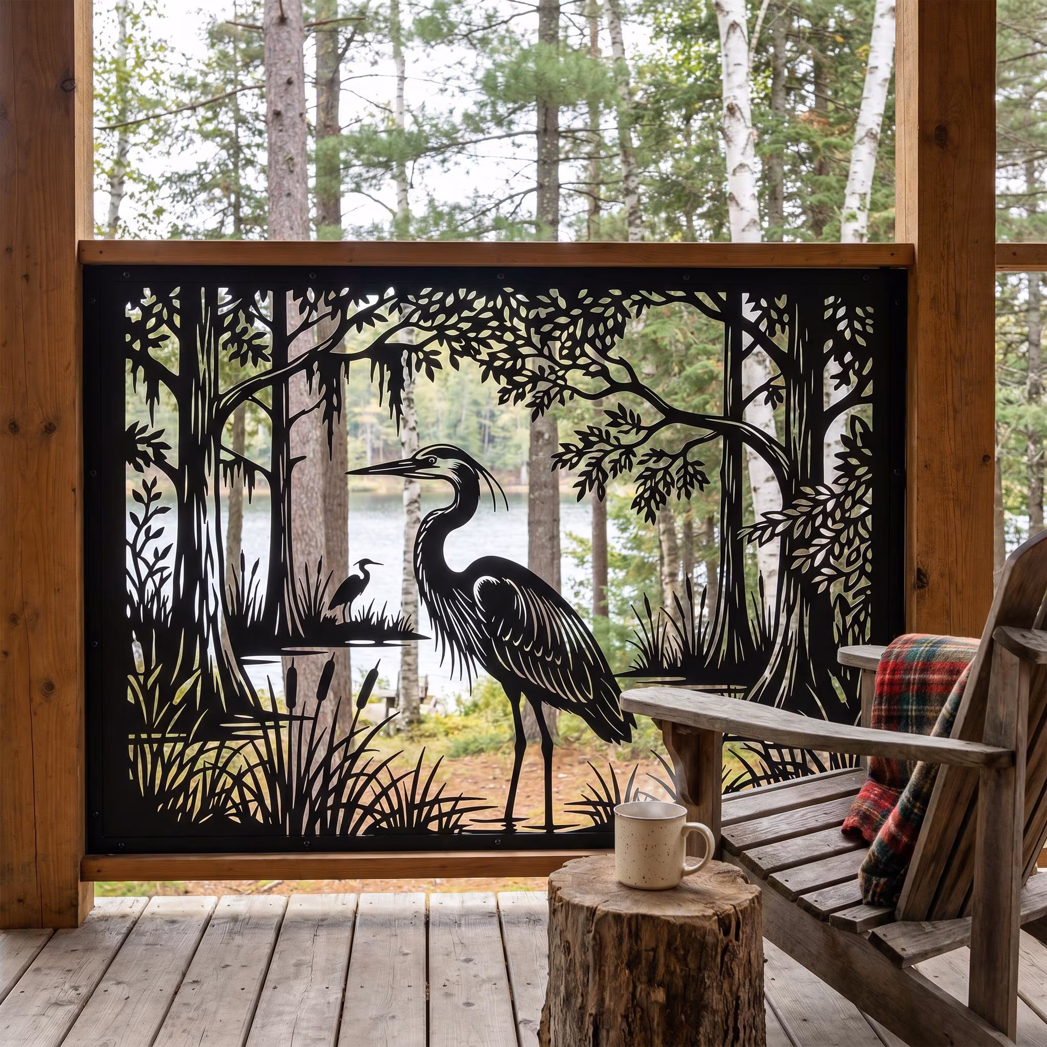 Blue Heron Metal Privacy Screen, Cattail Garden Fence Panel, Indoor Outdoor Patio Yard Wall Decor