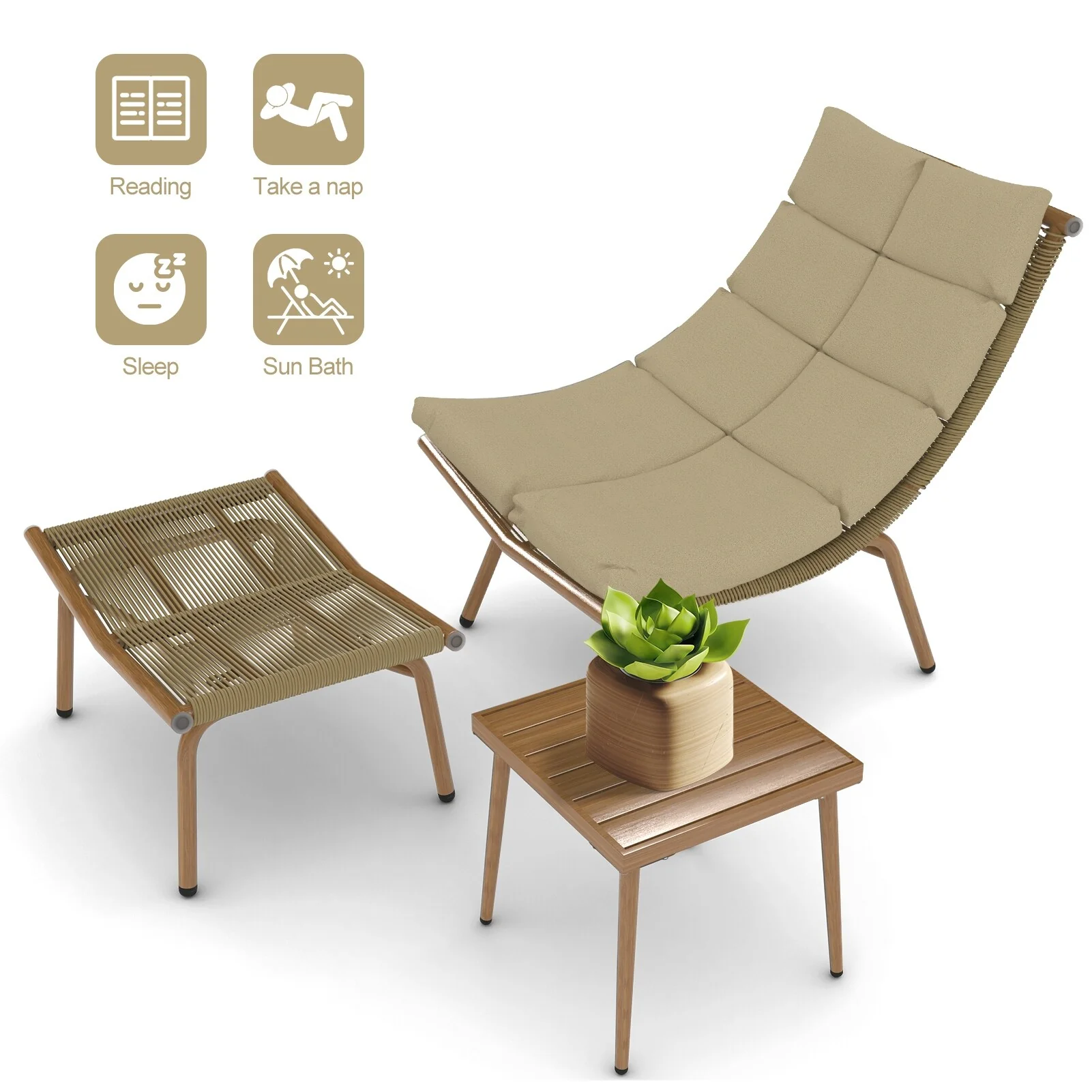Outdoor Lounge Chair with Cushion and Side Table for Camping Gaming Lunch Break Garden Party Sunbathing