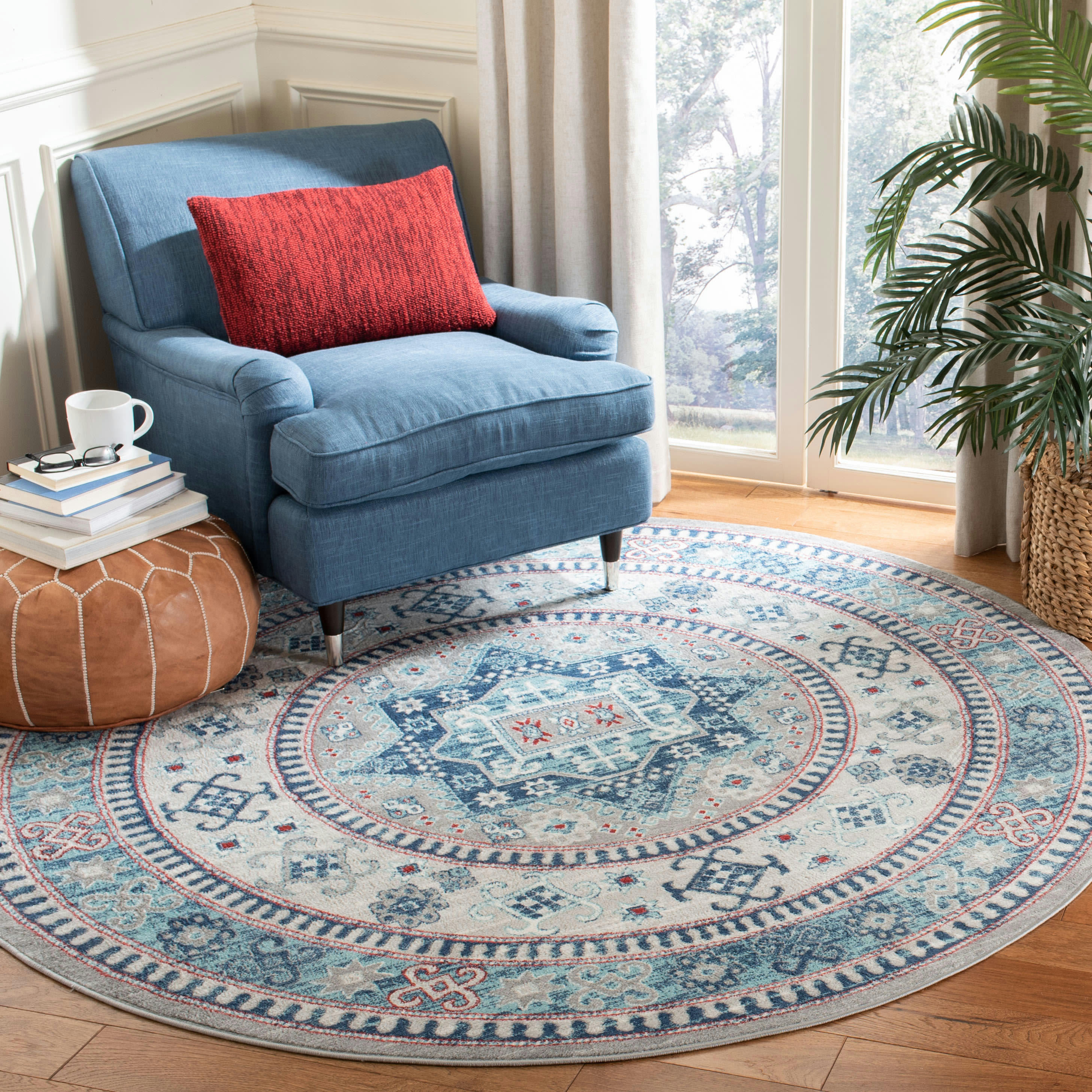 KAZAK - Tapis de salon interieur en gris & bleu, 201 x 201 cm