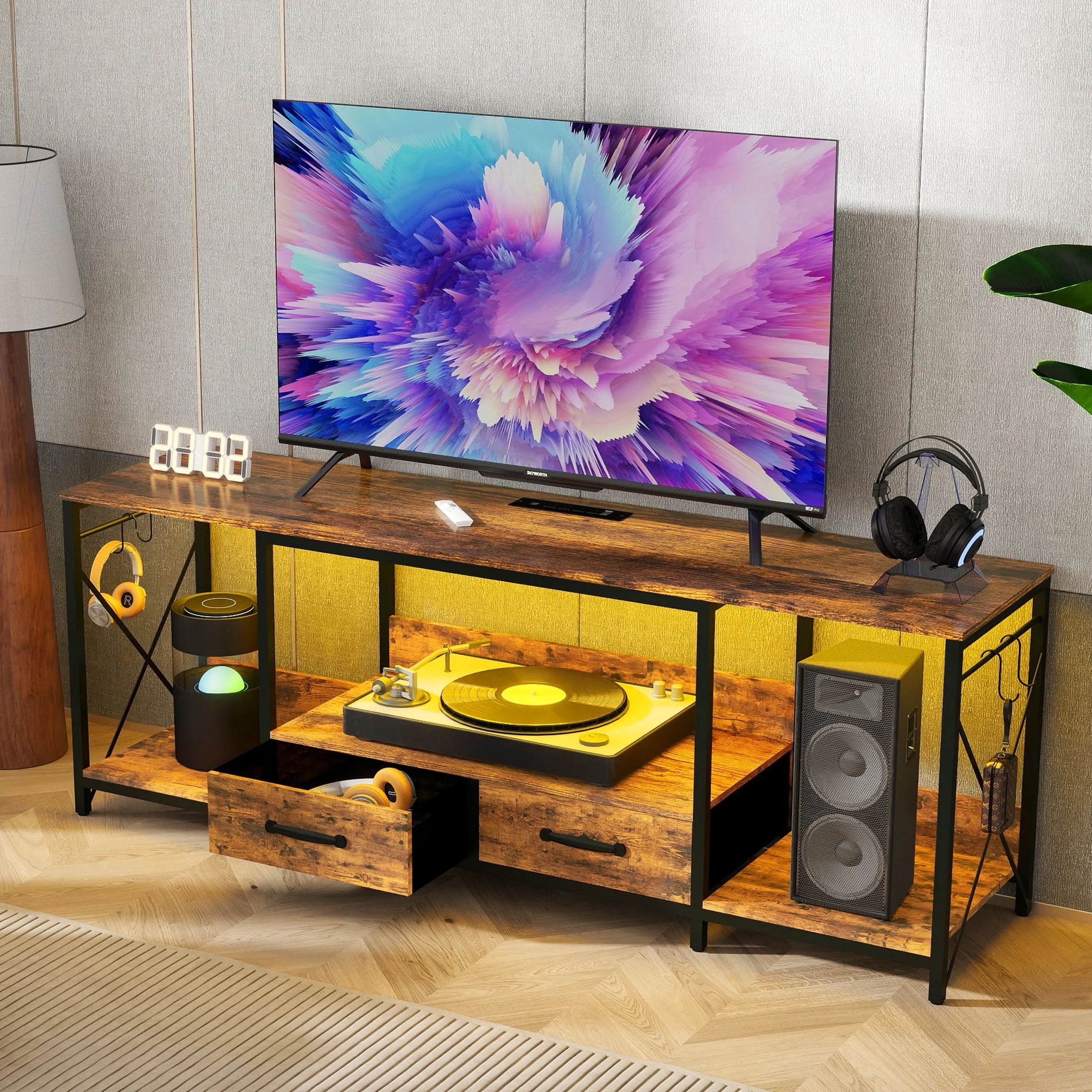 63-Inch TV Stand with LED Lights, Power Outlets, and Fabric Drawers for TVs up to 75 Inches