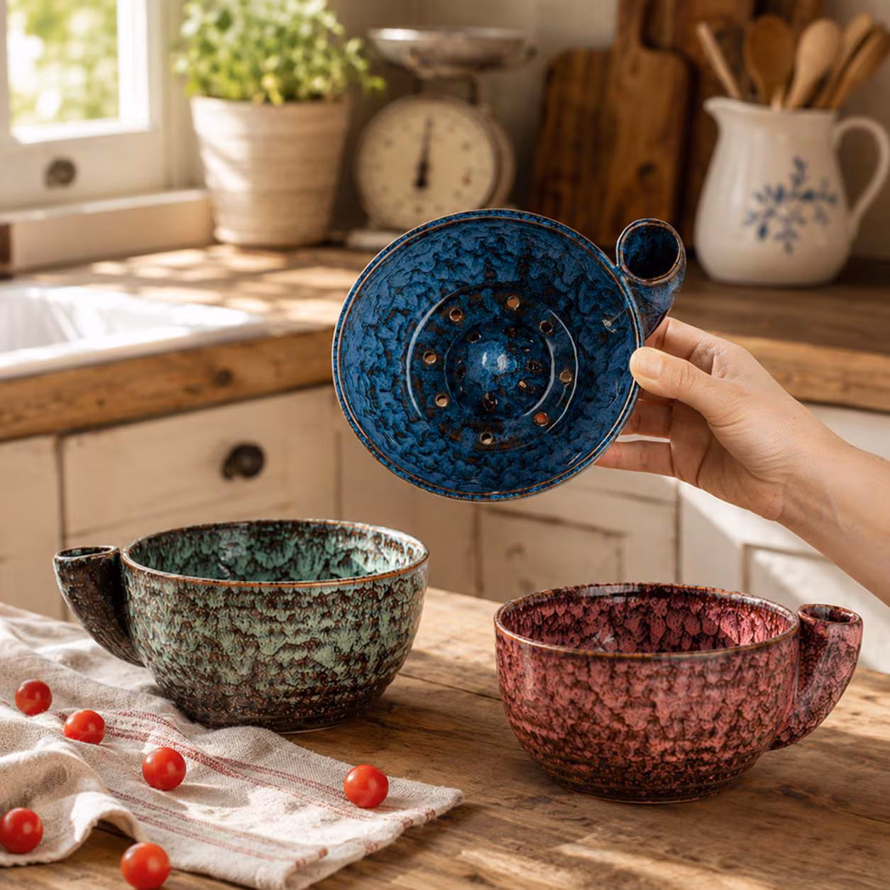 Ceramic Vortex Berry Washer Bowl, Spinning Fruit Rinser Colander, Aesthetic Clay Juicer Strainer, Unique Kitchen Gift for Her Mom