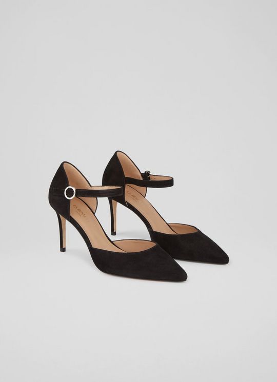 Monet Black Suede Ankle Strap Heels