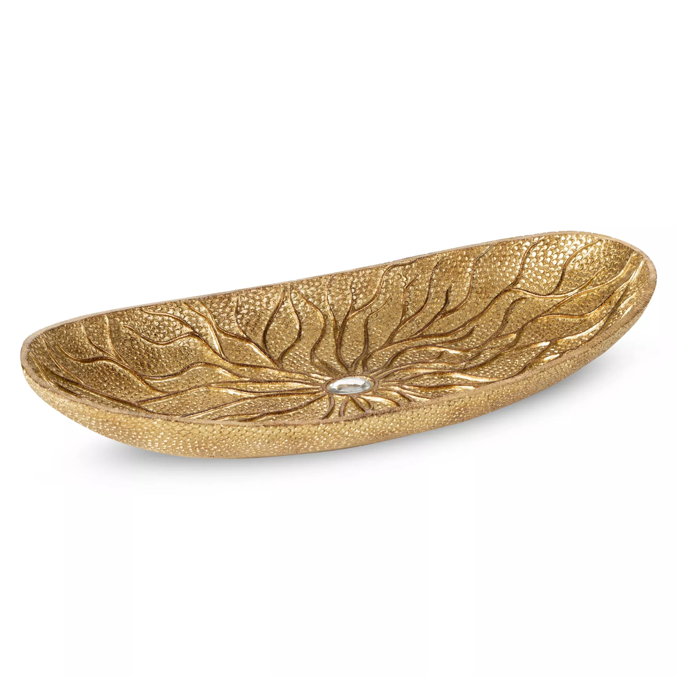 Patera dekoracyjna złota z delikatnym wzorem i kryształem 38x18x6 cm KIARA