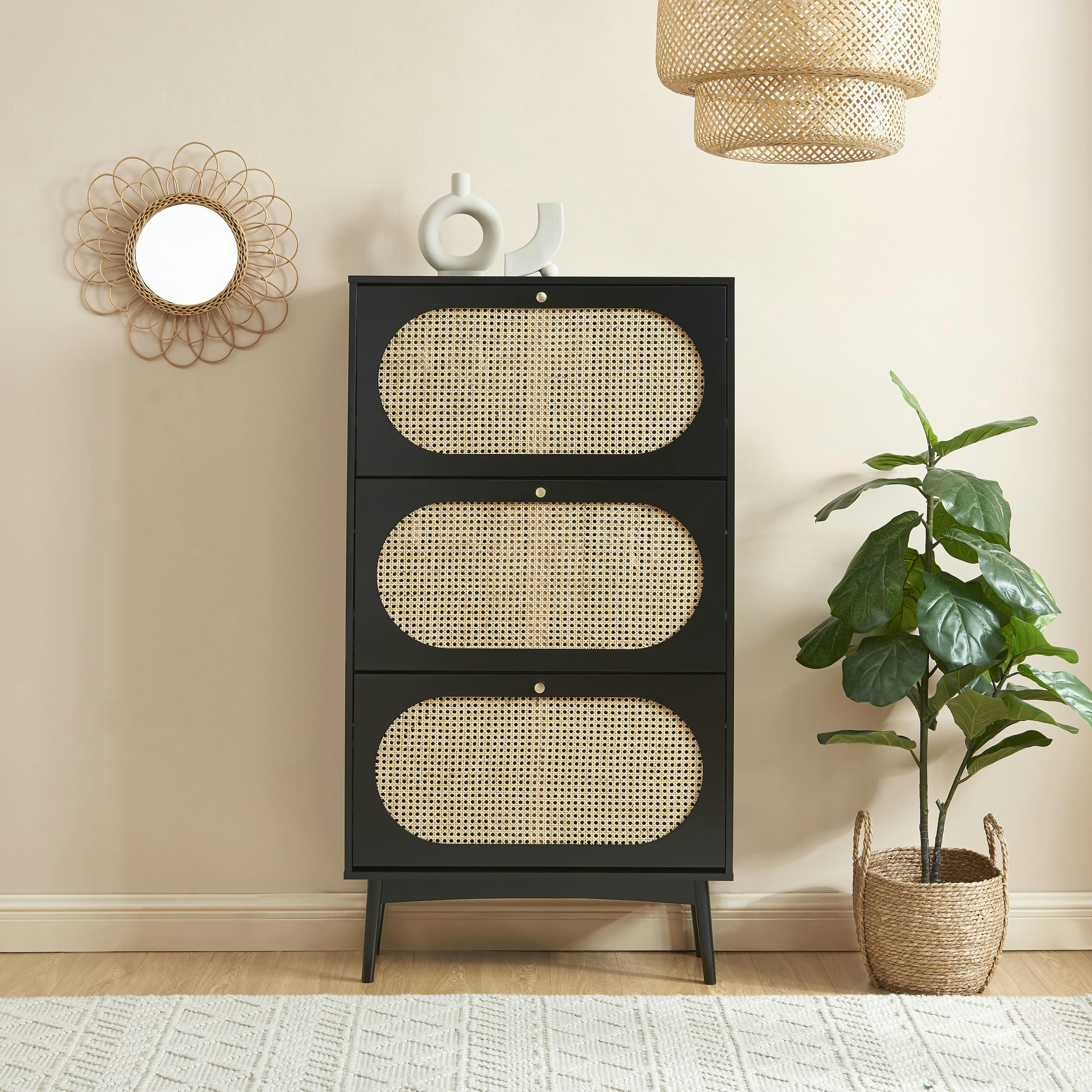 ANATOLE - Meuble à chaussures  noir et cannage rotin