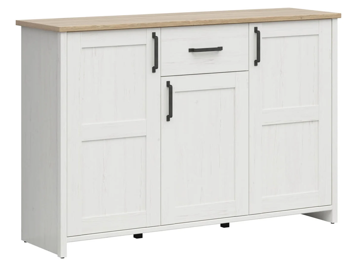 Komoda Loksa 148 cm z 3 drzwiami i szufladą sosna andersen biała/dąb grandson