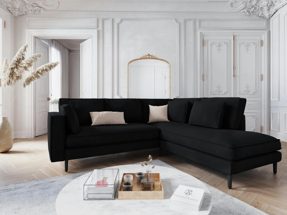 ALEXIS - Canapé d'angle 5 places en velours noir