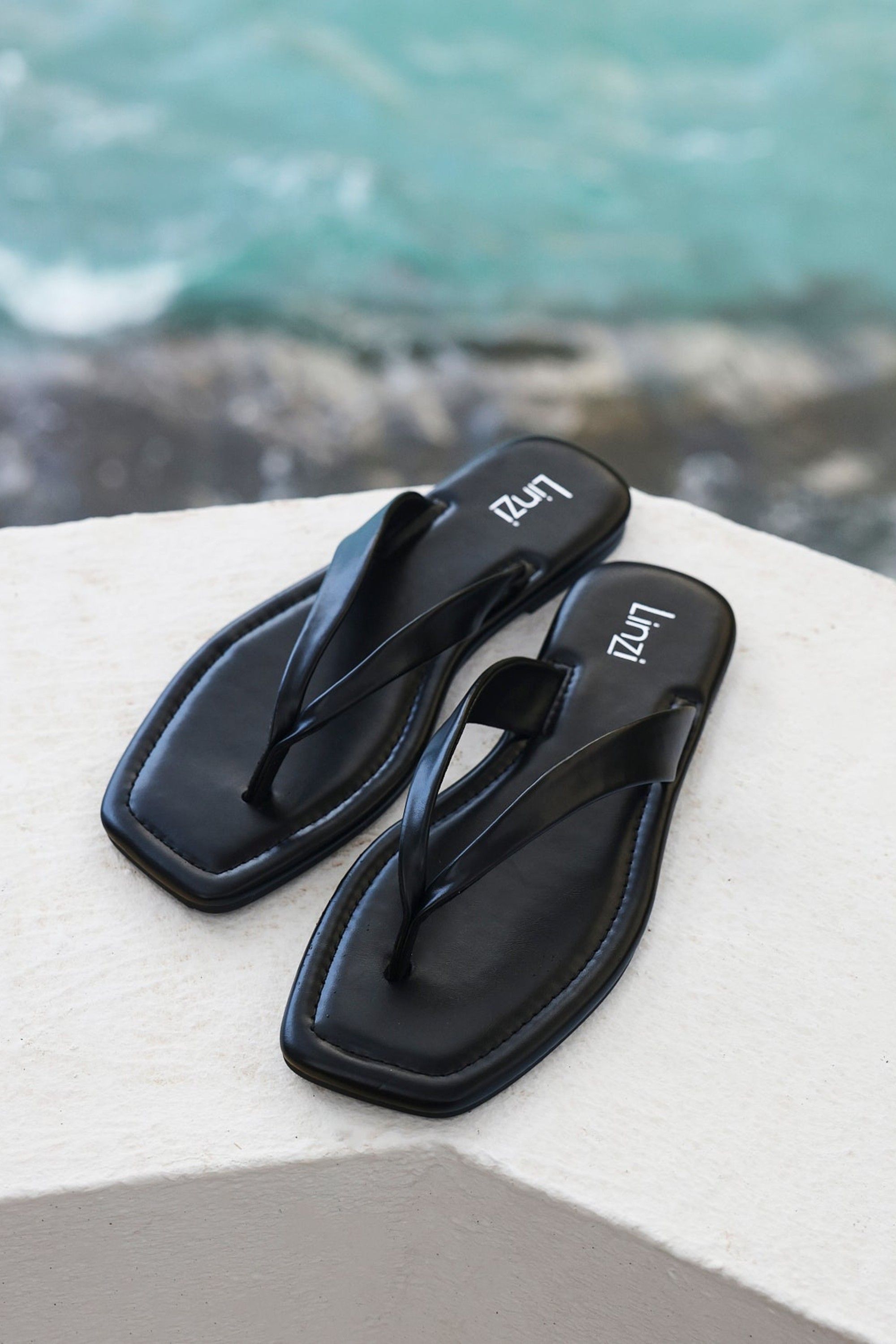 Linzi Element Black Toe Post Flat Sandals