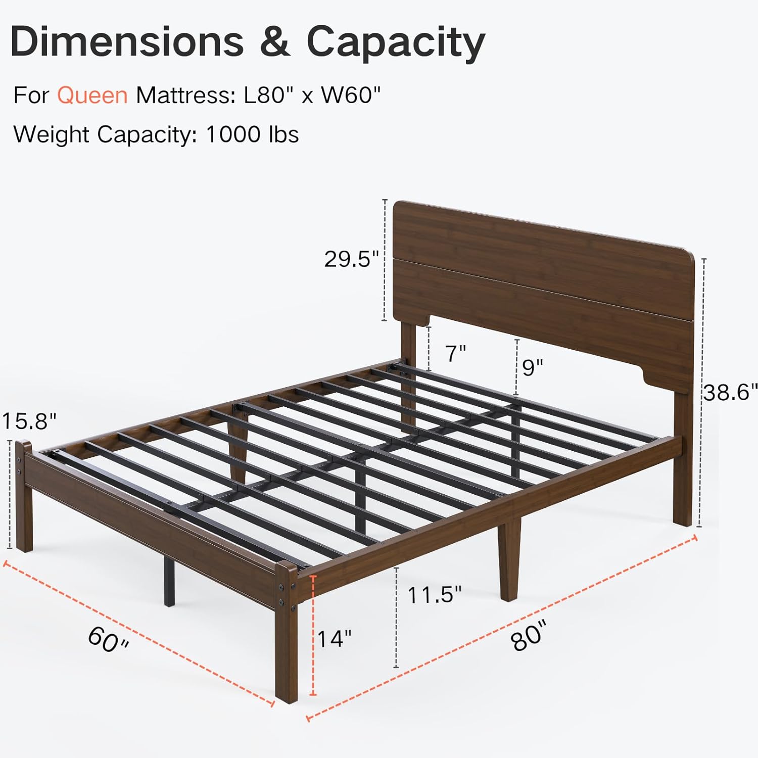 14 Inch High Solid Bamboo Wood Queen Bed Frame with Headboard, Heavy Duty Steel Slat Support, No Box Spring Needed, Easy Assembly