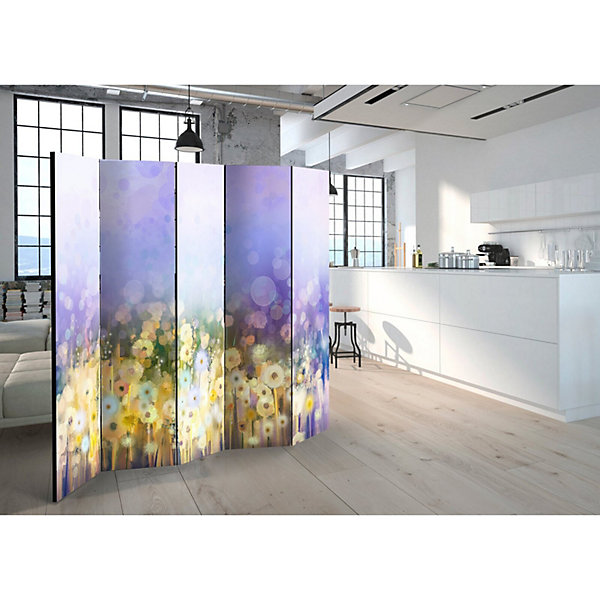 Paravent Pré Peint II 5 Volets Design Floral Moderne 225 x 172 cm Bleu et Violet