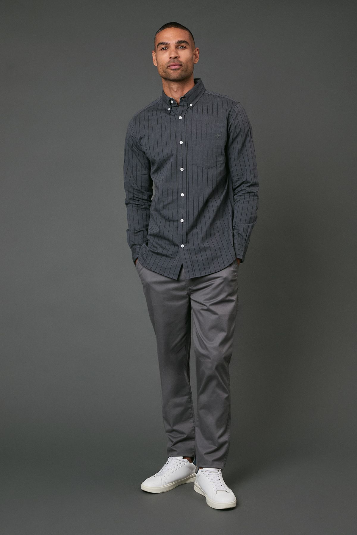 Maine Grey Stripe Oxford Long Sleeve Shirt