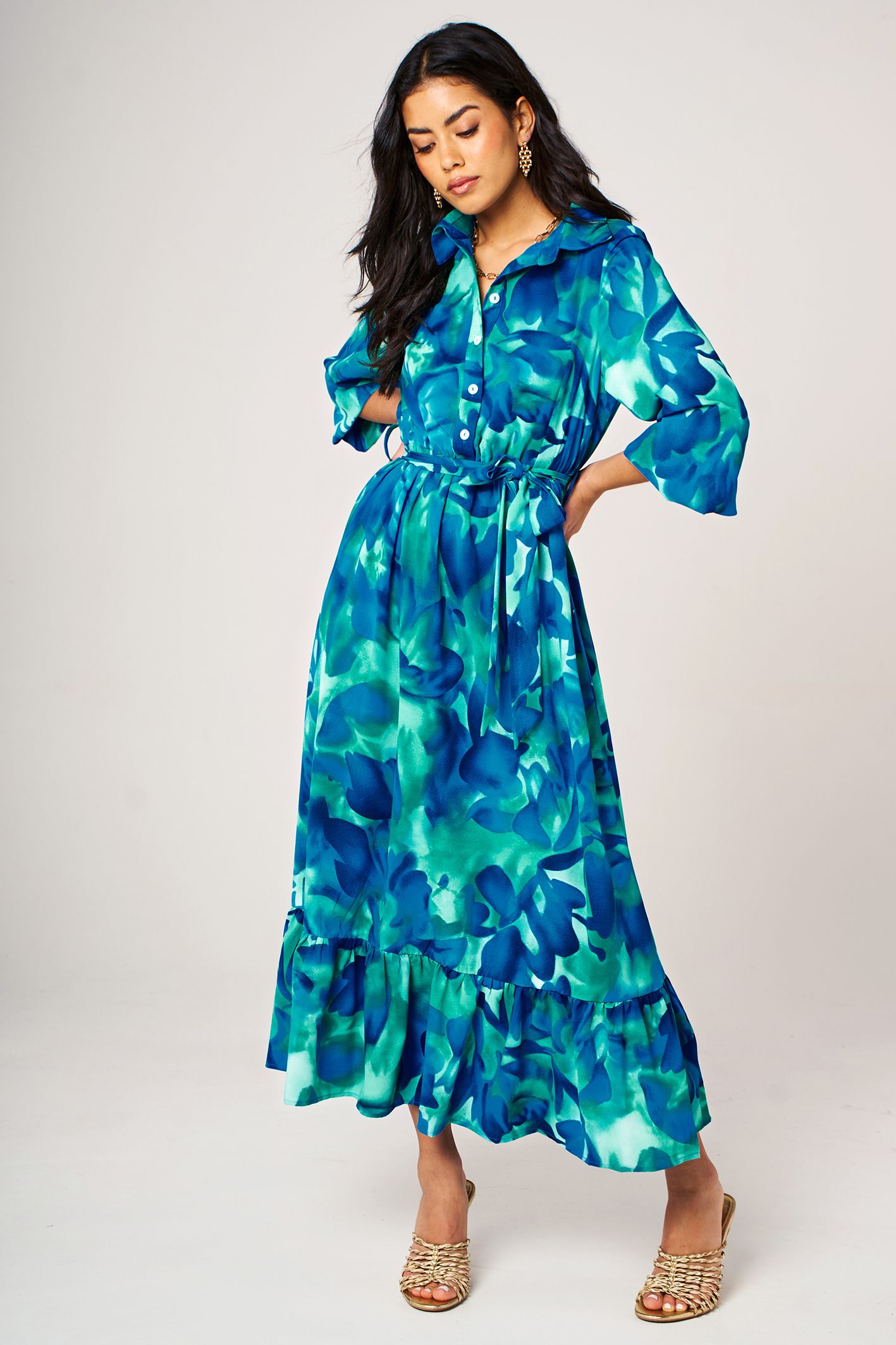 FS Collection Abstract Floral Print Shirt Midi Dress with Ruffled Hem In Blue