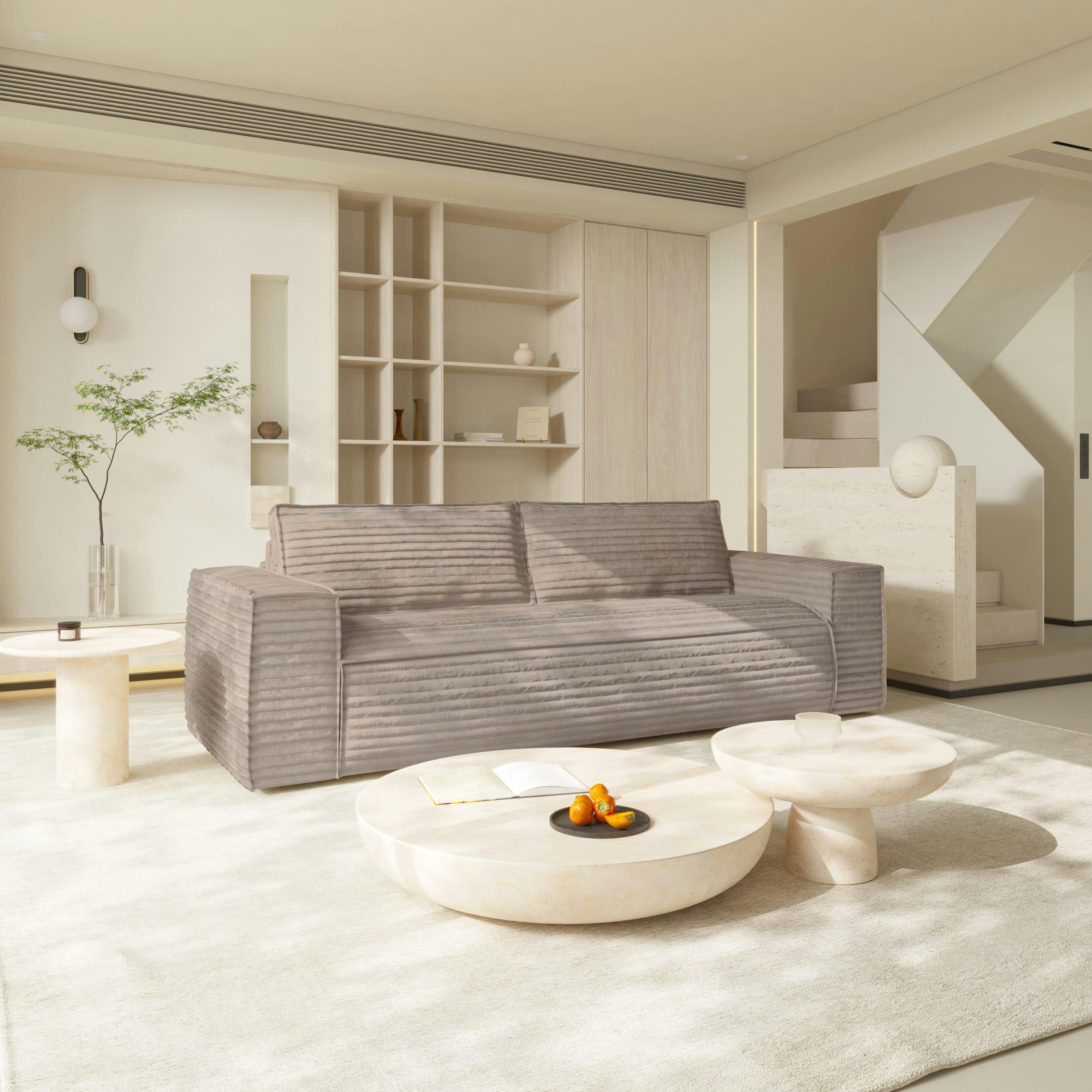 JOAN - Canapé convertible express dunlopillo velours côtelé XXL taupe 140cm