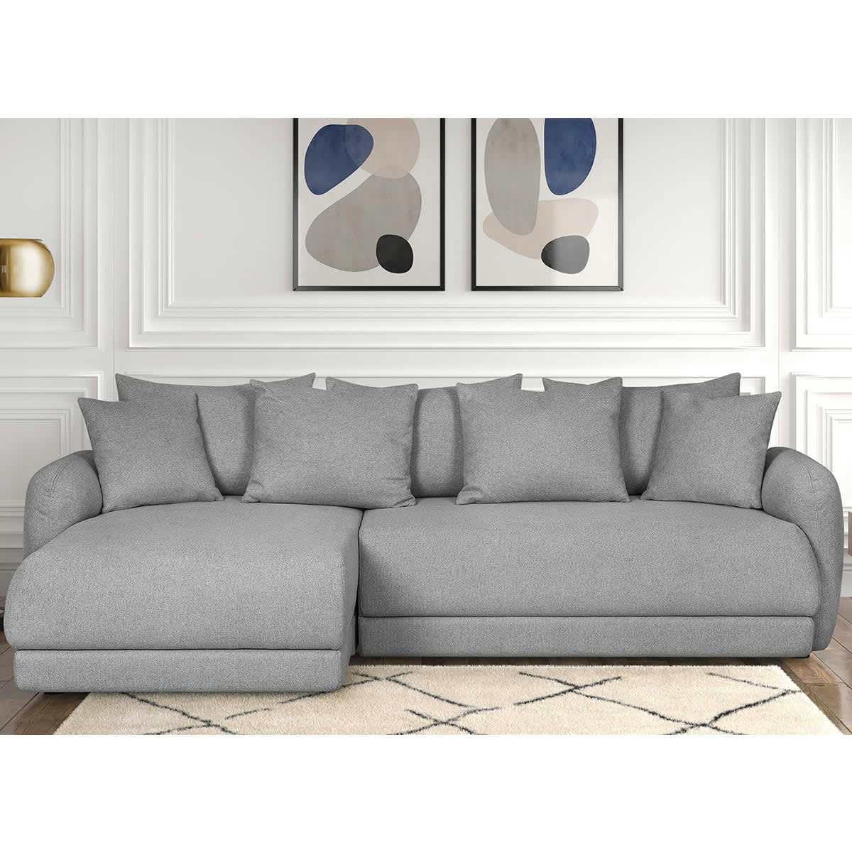 GIULIA - Canapé d'angle gauche 5 places convertible + coffre, tissu gris chiné