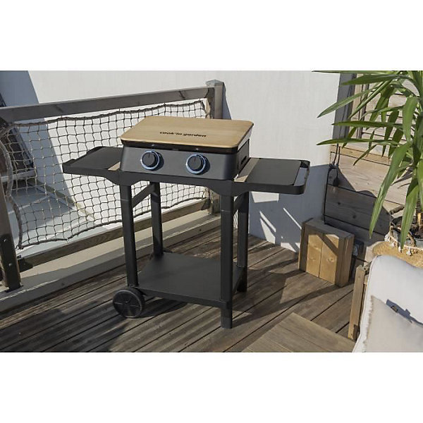 COOK'IN GARDEN Plancha gaz sur chariot DUNE 60 - 2 feux - 4 kW - L 131xl 60xH 103 cm - Surface cuisson de 56,5 x 36,5 cm - Noir