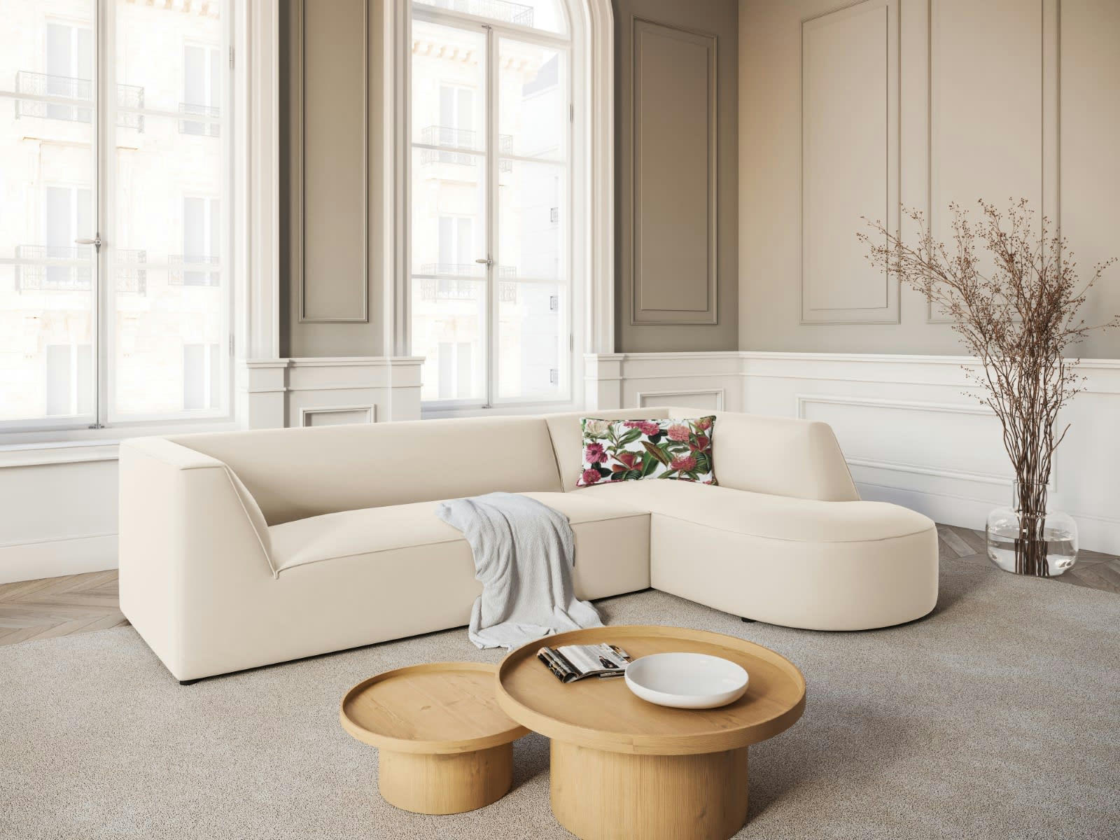 CHARLES - Canapé D'Angle Droit 4 places en Velours Beige