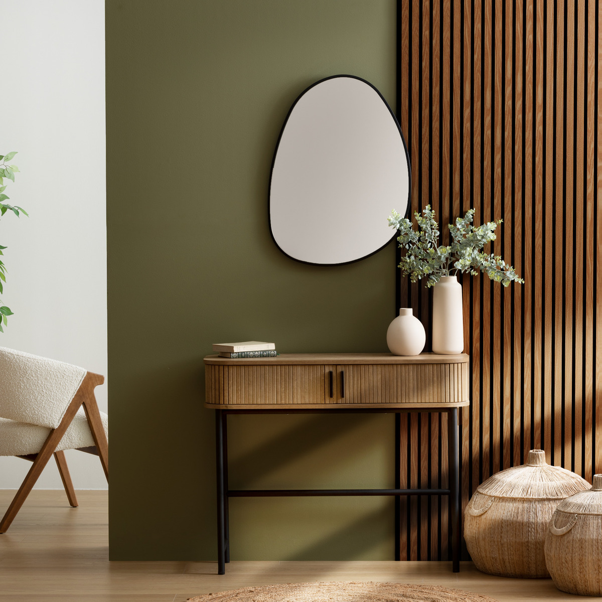 Decorative wood slat panel "Colva" Walnut effect, black background, 120x60 cm