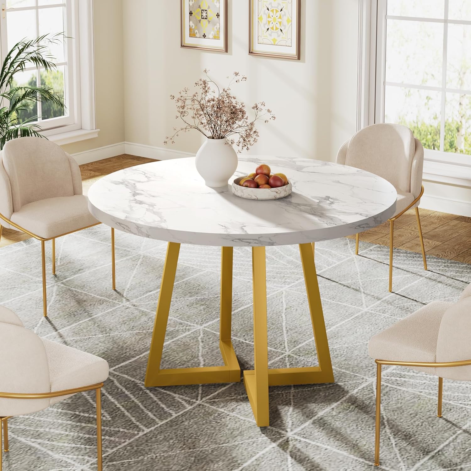 Tribesigns Round Dining Table for 2, 31.5 Modern Kitchen Table with Metal Base, Small Table for Dining Room, Small Space, Apartment, Office, Restaurant, White & Gold
