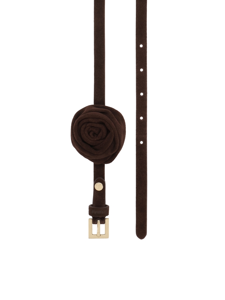 Dark brown suede belt with flower