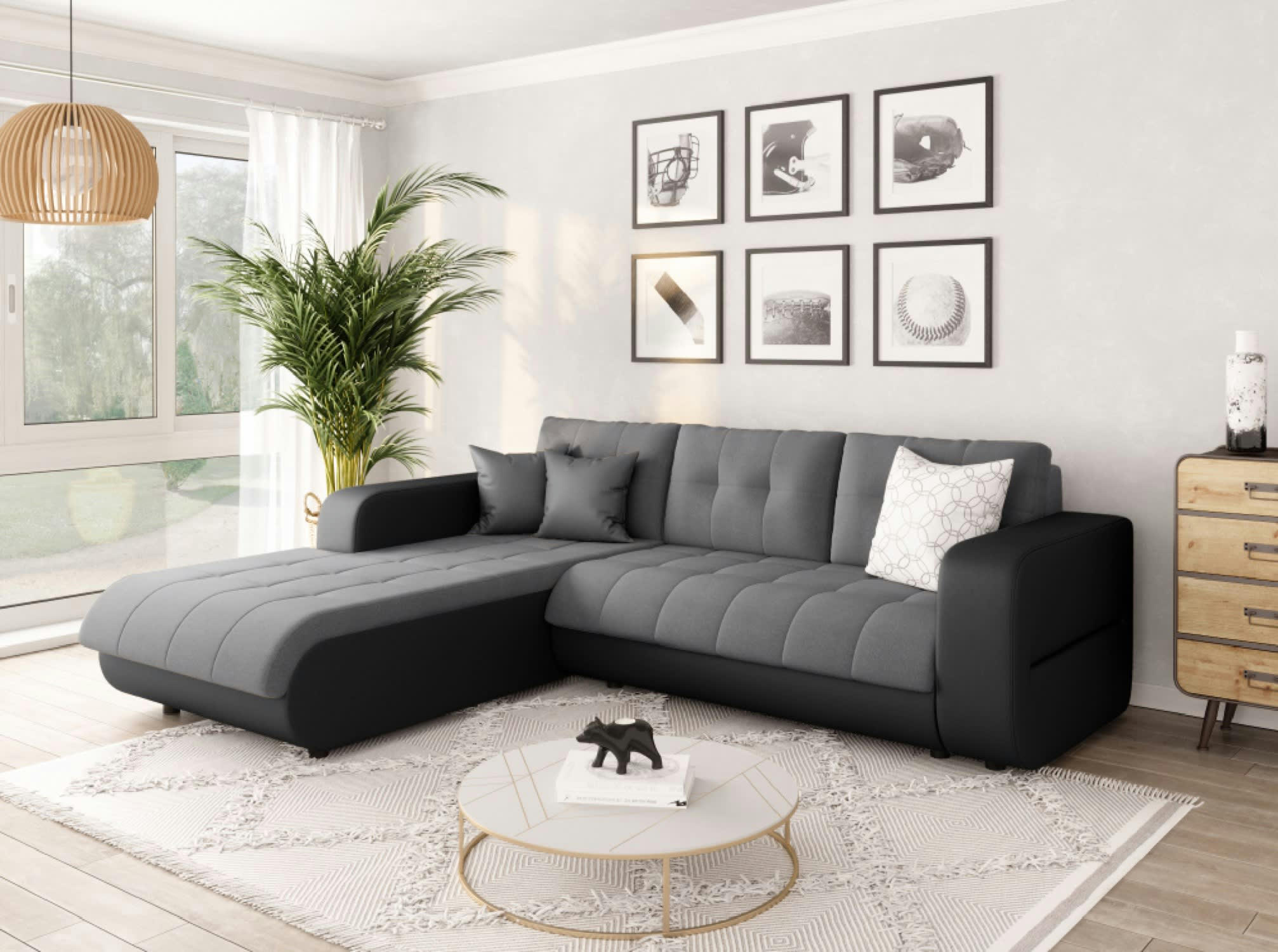 SUZIE - Canapé d'angle gauche convertible bi-matière noir/gris