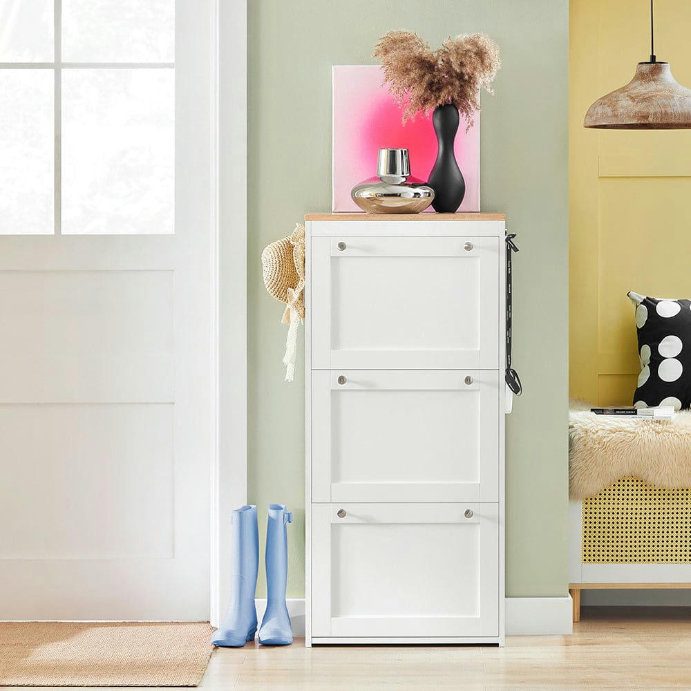 - Meuble à chaussures 3 abattants effet bois blanc et nature